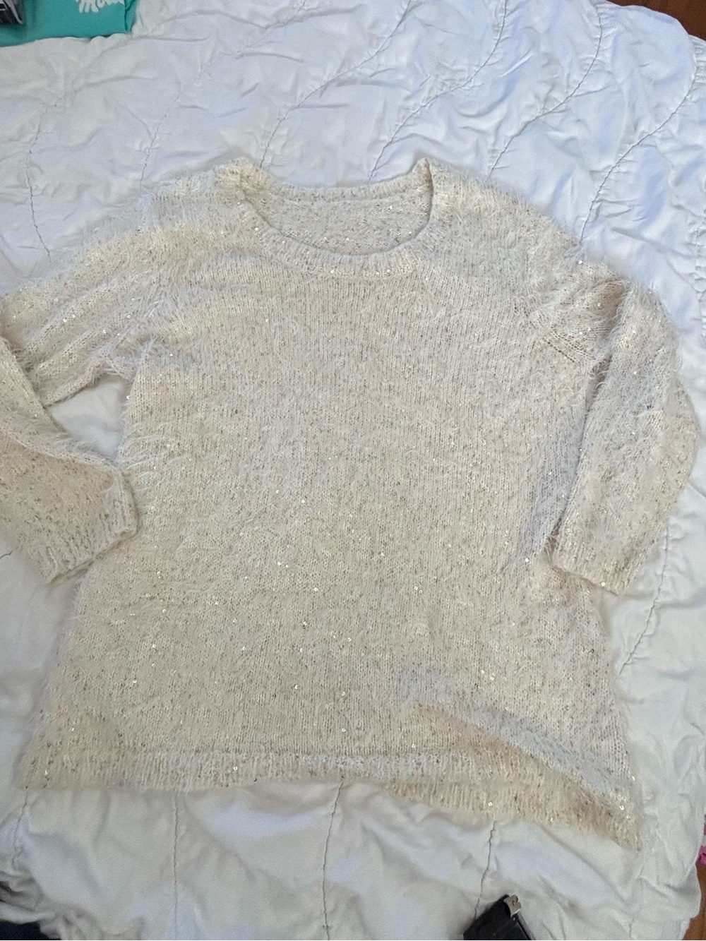 Gold Shimmer Cream Eyelash Knit Sweater Medium Metallic Fuzzy Holiday Party